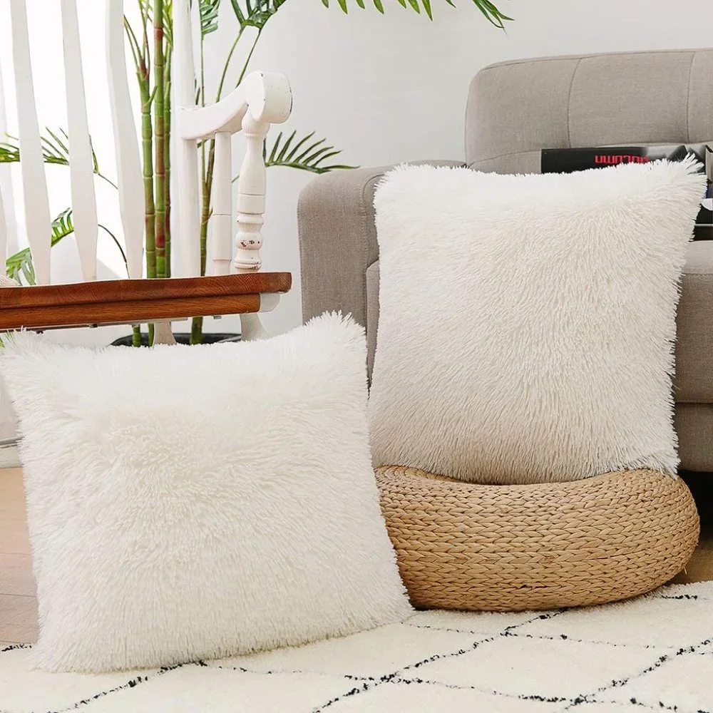 Luxury White Fuzzy Farmhouse Adorable Trendy Throw Pillow Decor Twin Cover Set
